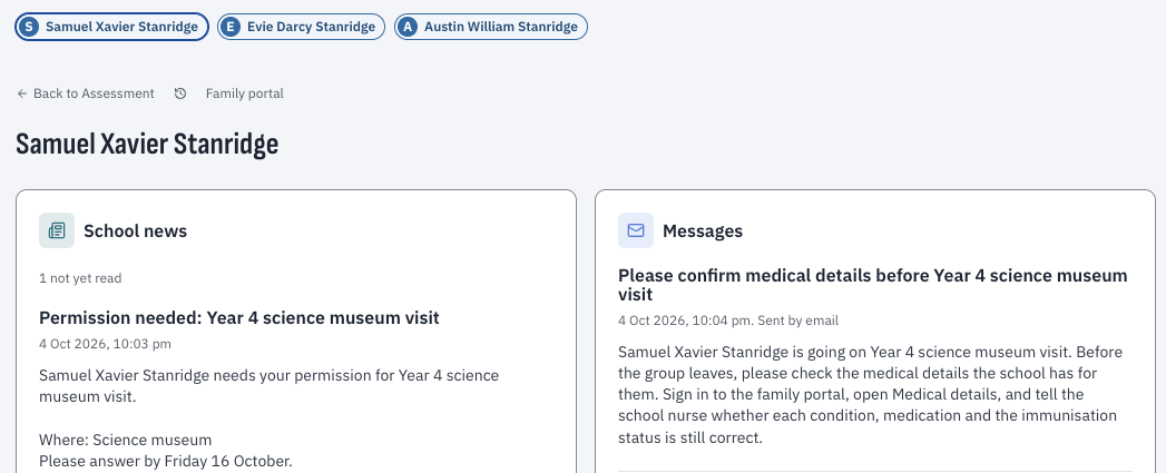 A parent&rsquo;s view of one child in the family portal: a switch between their three children, the school&rsquo;s news asking for permission for an excursion, and a message asking them to confirm their child&rsquo;s medical details.