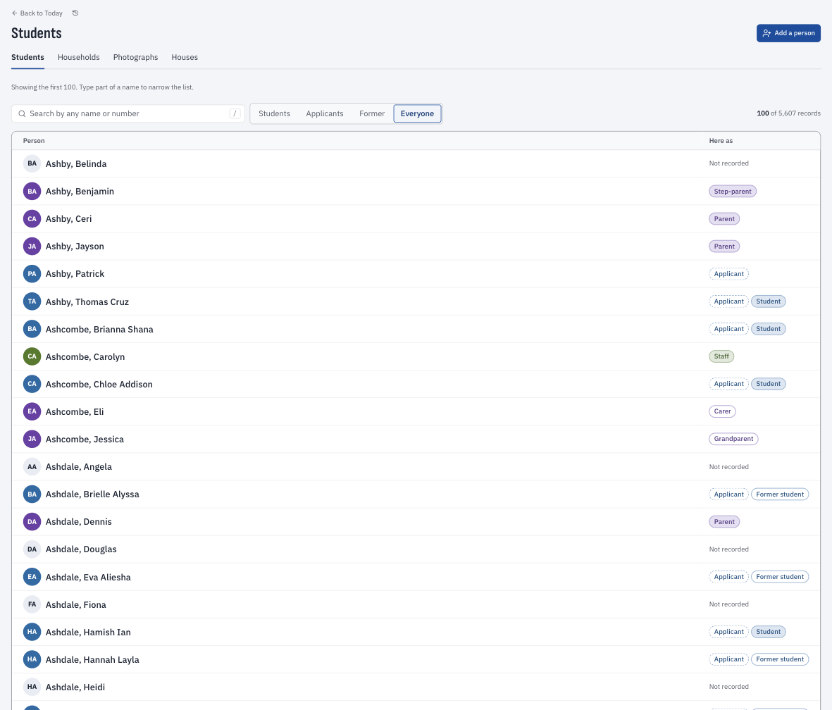 The students finder showing everyone on the record, each person with the roles they hold. Several are both an applicant and a student, on one record, beside the parents, carers and staff.